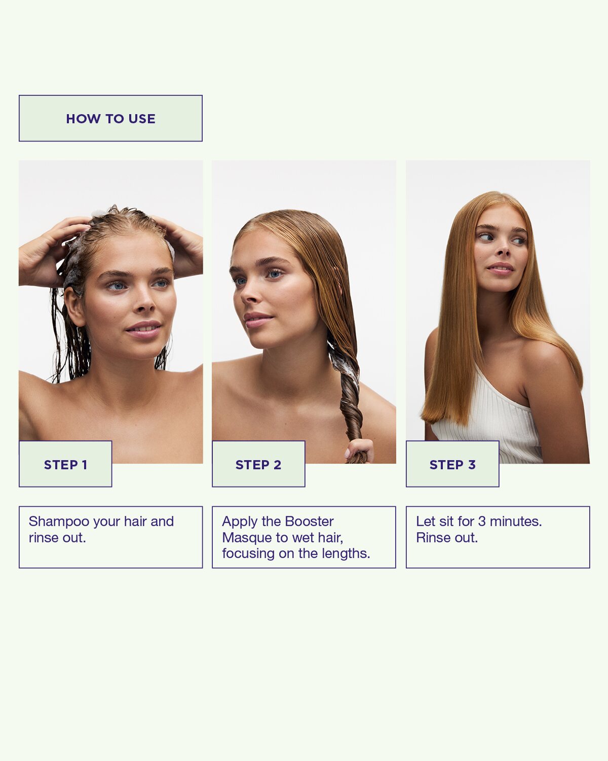 Use Pure Volume Booster hair treatment by applying to damp hair, leave for 3 minutes, and rinse