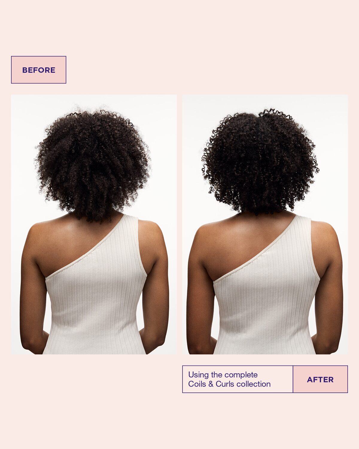 Model’s hair before and after using Coils & Curls Oil in Cream leave in for curly hair