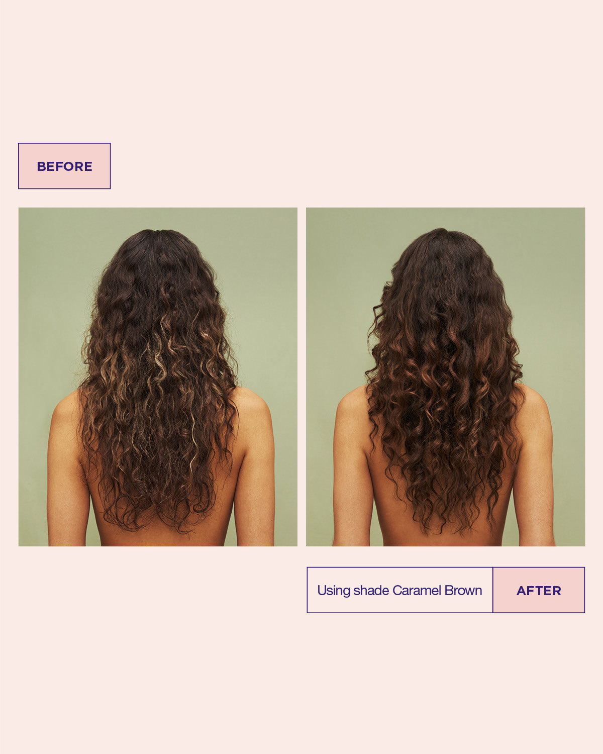 Before and after comparison of hair color using shade Caramel Brown on a plain background.