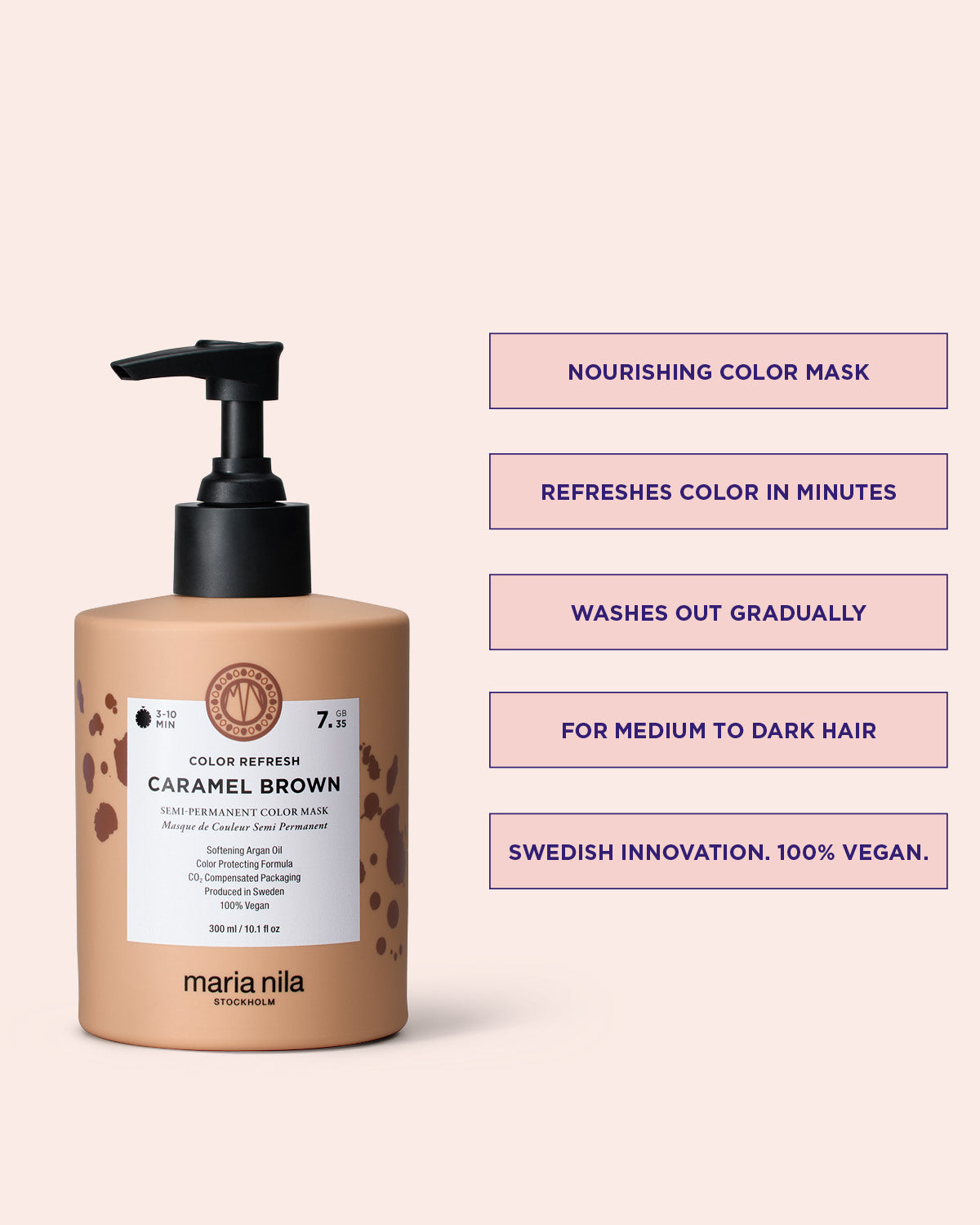 Maria Nila color refresh caramel brown pigmented hair mask bottle with product features on a beige background