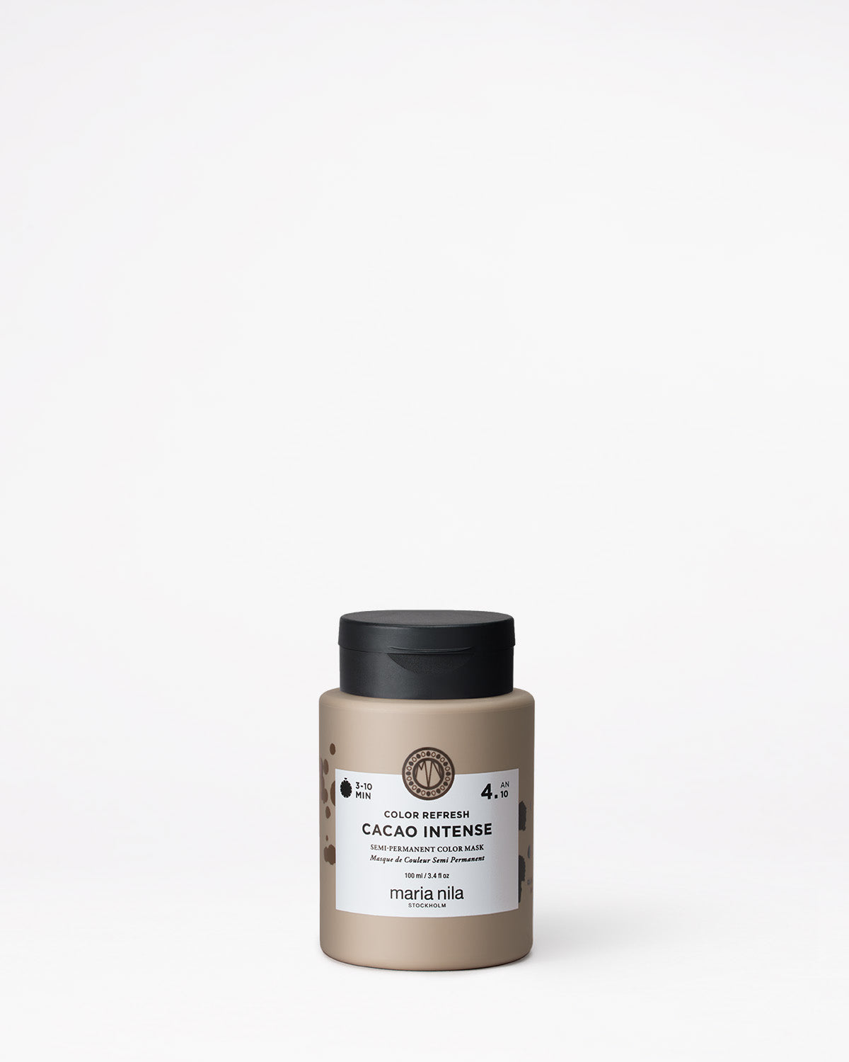 Hair color product jar labeled 'Cacao Intense' by Maria Nila on a white background