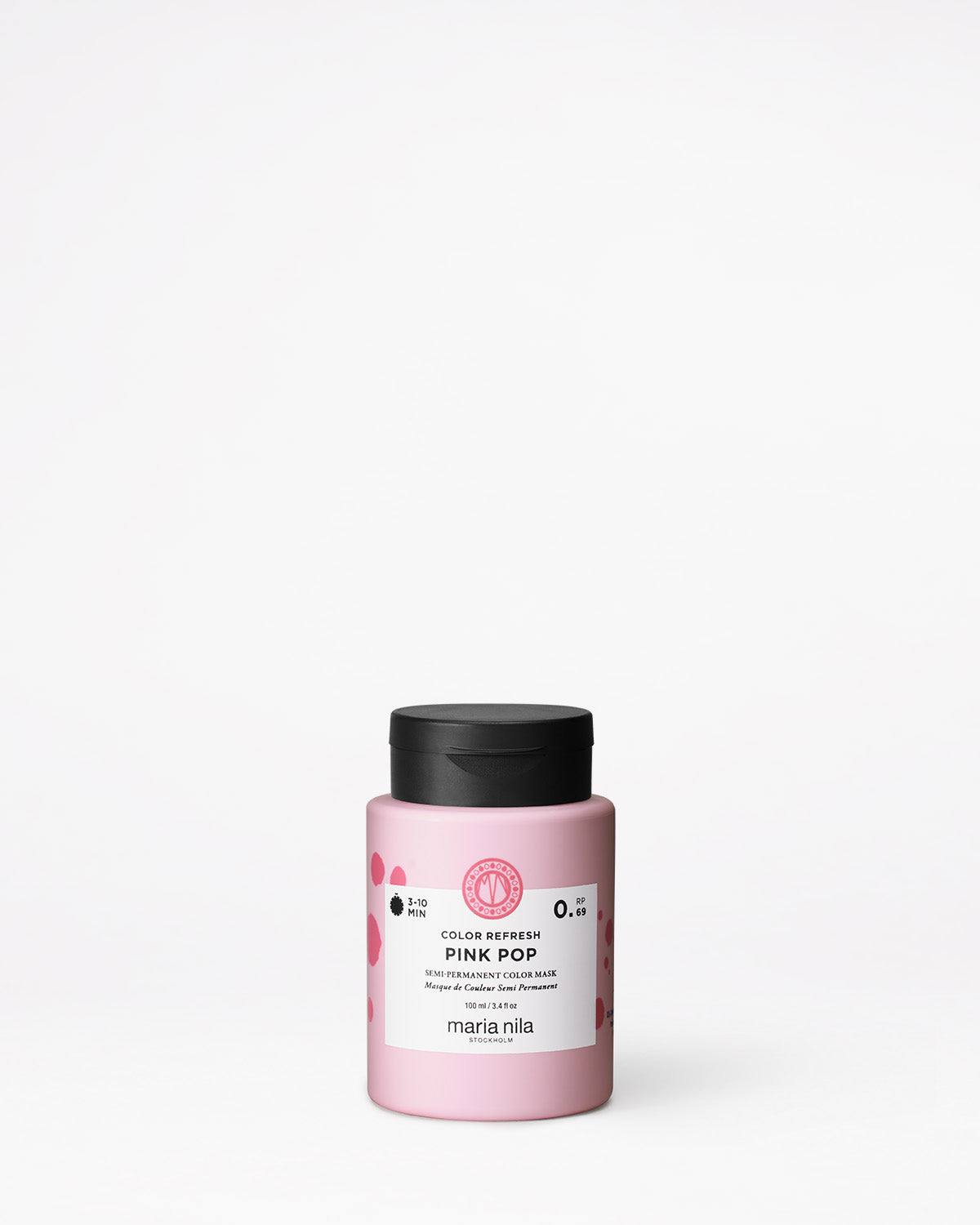 Pink hair color refresh product jar with black lid on a white background