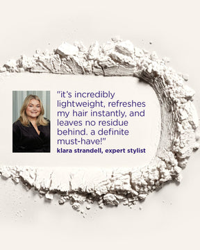 A white cosmetic powder ring is arranged on a light beige background, surrounding a white label with a quote from Klara Strandell, expert stylist.