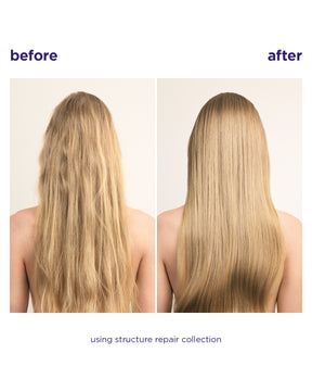 Before and after comparison of a woman's long blonde hair, showing frizzy, uneven hair on the left and smooth, straight hair on the right. Text at the top reads 'before' and 'after', and text at the bottom reads 'using structure repair collection'.