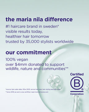 A promotional graphic for Maria Nila Difference haircare, featuring large purple text on a pale blue-green background with a translucent droplet and bubbles. Certified B Corporation branding is visible on the right.