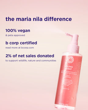 Maria Nila Gloss Coat information on a pink background