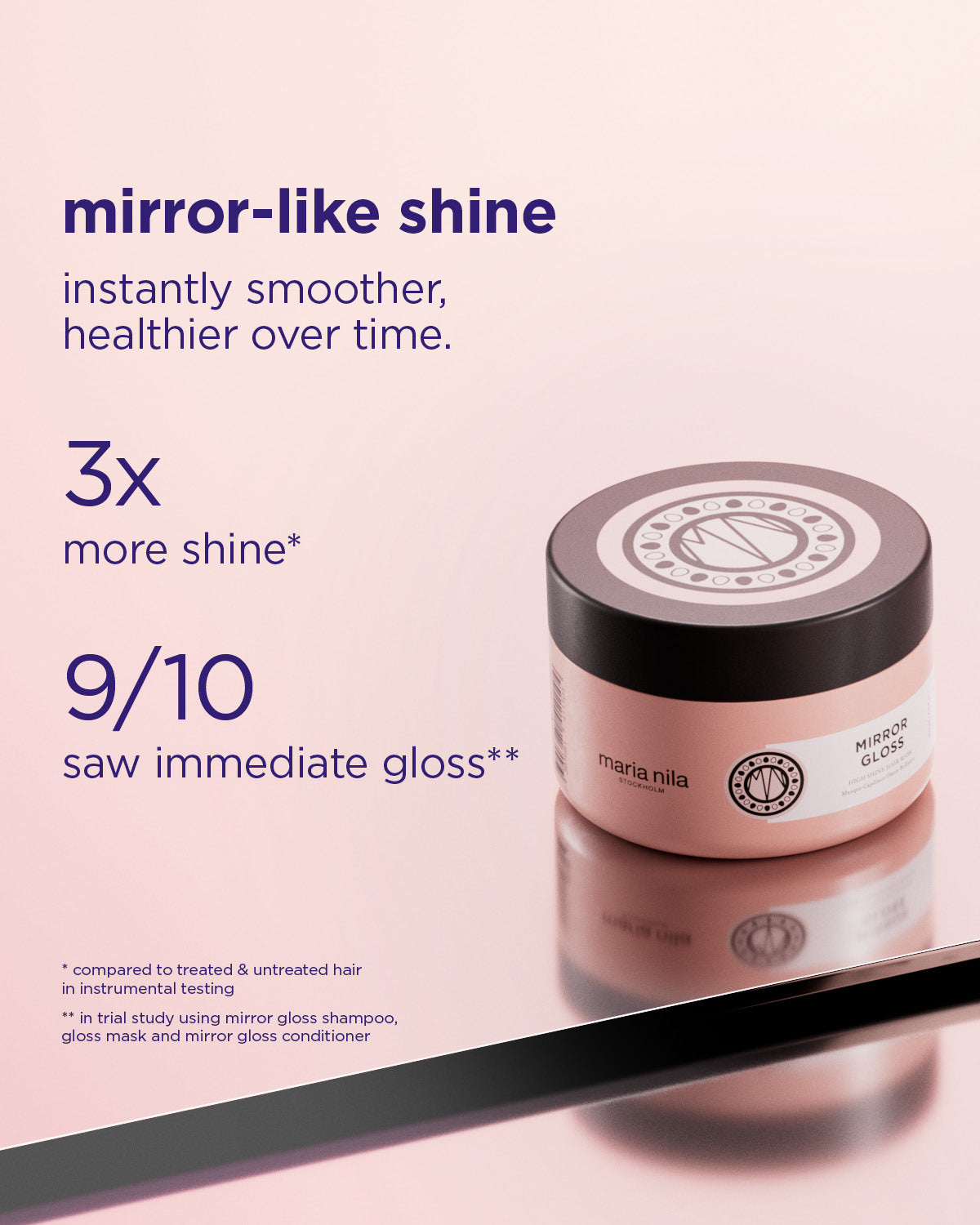 Maria Nila hair product jar with text highlighting mirror-like shine on a pink background