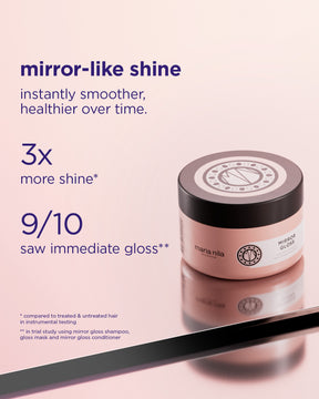 Maria Nila hair product jar with text highlighting mirror-like shine on a pink background