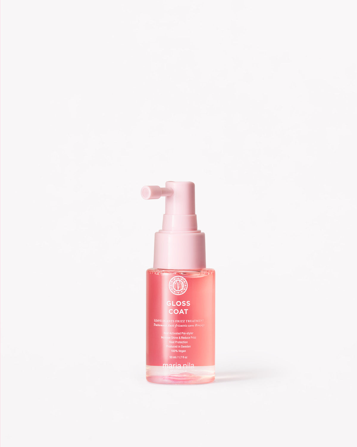Pink Gloss Coat Travel bottle with pump on a white background