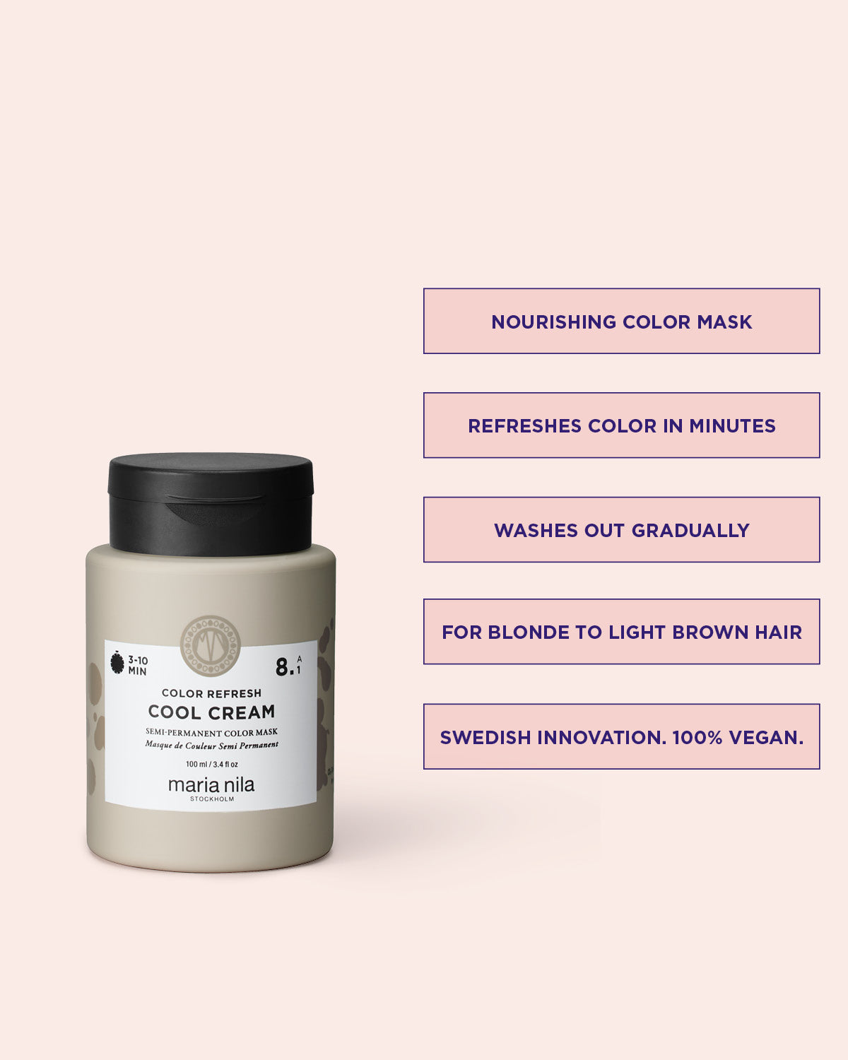 Maria Nila nourishing color mask jar with product details on a light pink background