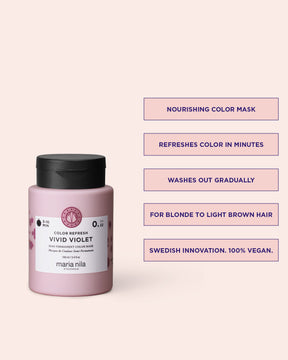 Pink hair mask jar with black lid on a light pink background, featuring text about the product's benefits.
