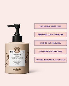 Maria Nila hair mask bottle with product details on a pink background