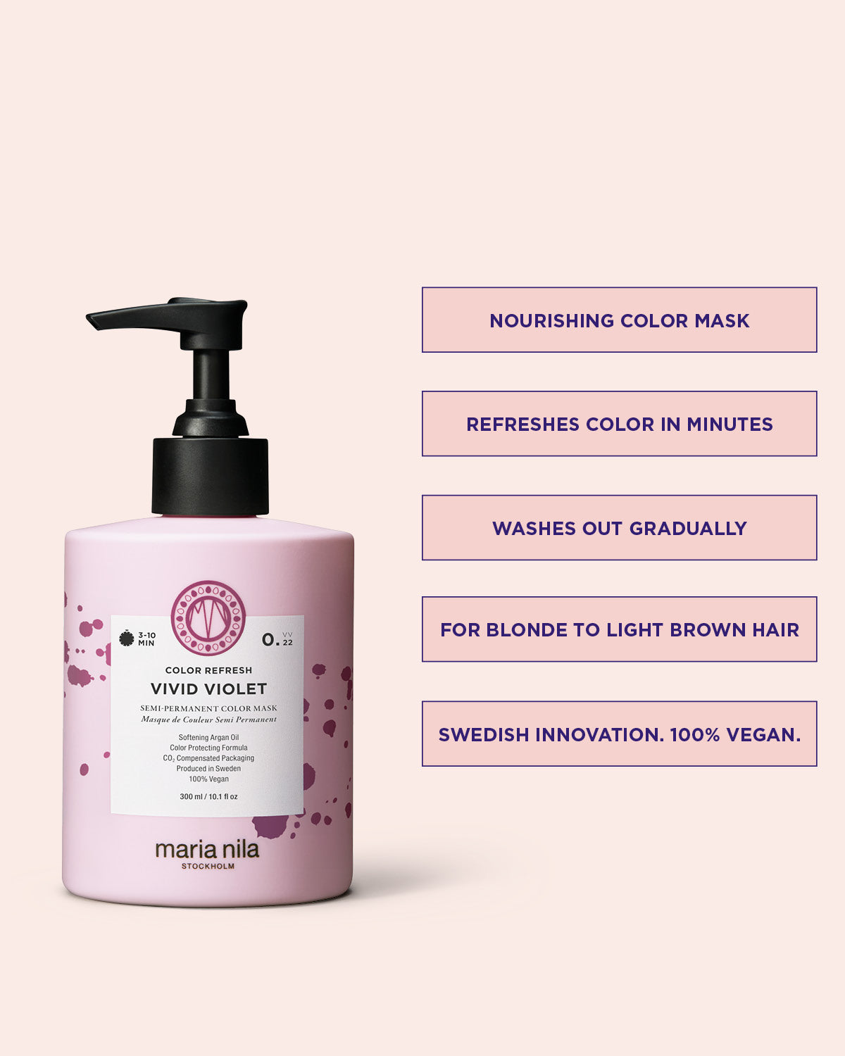 Pink hair mask bottle with pump on a light pink background, featuring product details.